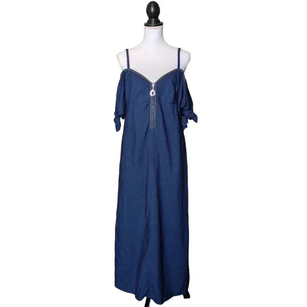 Edun Made in Kenya Blue Chambray Midi Dress Size 8 Off the Shoulder Zip Africa